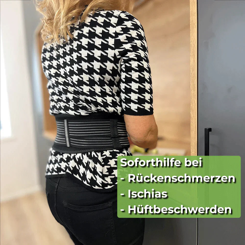 Schwarzer Rücken- & Stützgürtel mit dreifachen Bändern, bietet stabile Unterstützung und lindert effizient Rückenschmerzen.