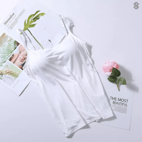 Seidiges Top mit integriertem BH, atmungsaktiv, figurbetont, erhältlich in Grau, Hauttöne, Rosa, Schwarz, Weiß.