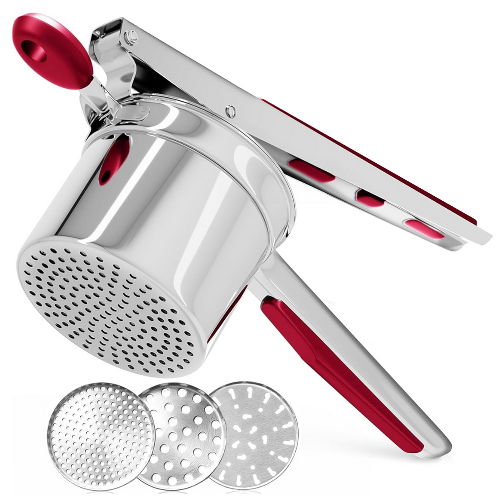 "Seitliche Ansicht Edelstahl Kartoffelpresse, schwerer Stampfer für perfektes, klumpenfreies Kartoffelpüree in der Küche."