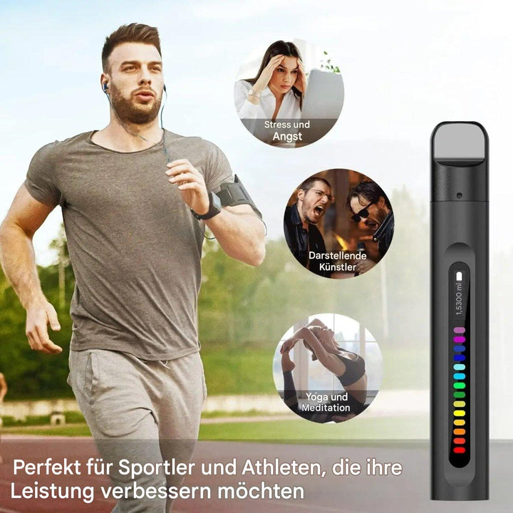Mann beim Joggen mit Smart Atemtrainer, ideal für Sportler, Stressabbau, Yoga und Meditation.