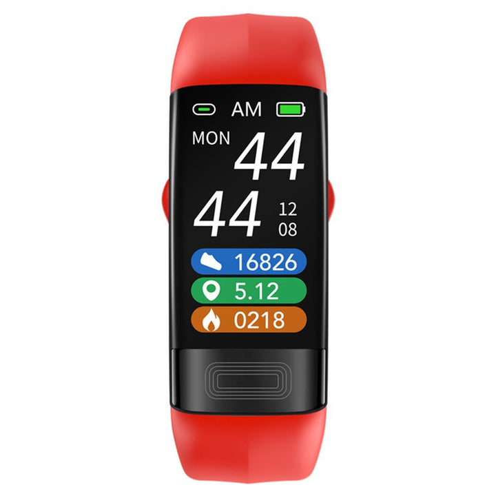 Smartes Gesundheitsarmband mit Blutdruck-Monitor, EKG-Funktion, blauem Silikonband, wasserdicht nach IP67-Standard.