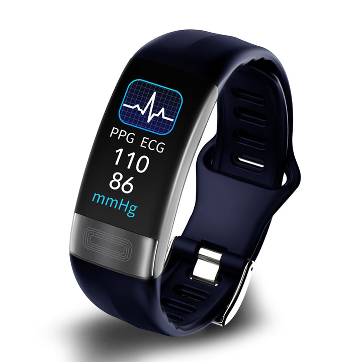 Smartes Gesundheitsarmband mit Blutdruck-Monitor, EKG-Funktion, blauem Silikonband, wasserdicht nach IP67-Standard.