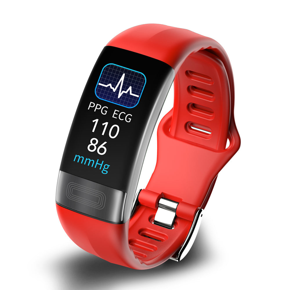 Smartes Gesundheitsarmband mit Blutdruck-Monitor, EKG-Funktion, blauem Silikonband, wasserdicht nach IP67-Standard.