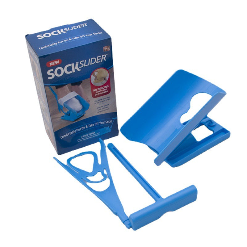 Socken Anzieh Hilfe für Senioren, ergonomisch geformt, einfaches Anziehen ohne Bücken, kompakt und tragbar.