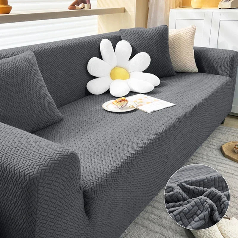 "SofaStyle Premium Sofabezug in Dunkelgrau, elastisch, passt auf alle Sofa-Typen, schützt vor Flecken und Kratzern."