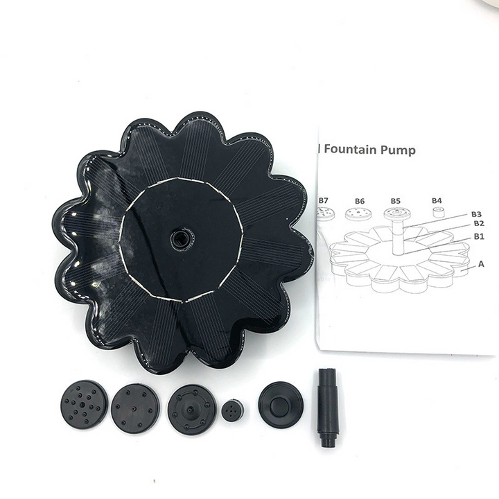 "Solarbetriebene Wasserfontäne im Blumen-Design, elegant im Garten oder Teich eingebettet, sprudelnder Wassereffekt"