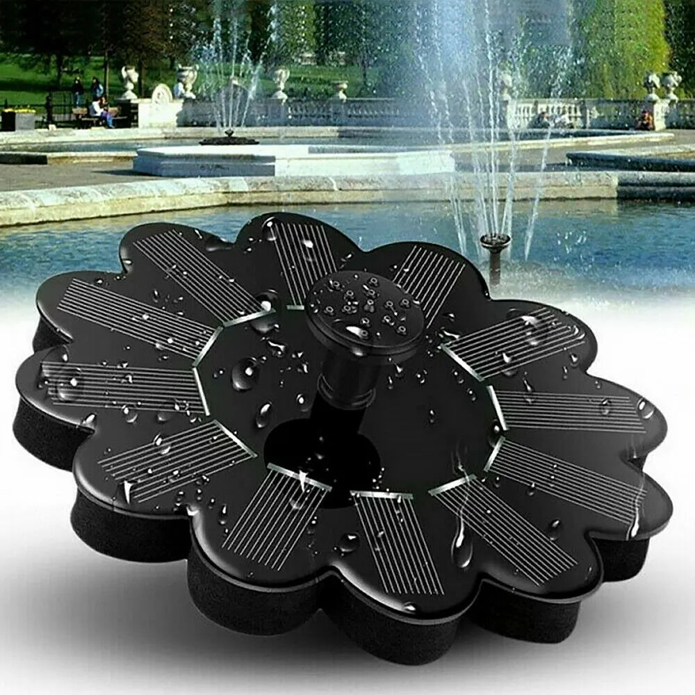 "Solarbetriebene Wasserfontäne im Blumen-Design, elegant im Garten oder Teich eingebettet, sprudelnder Wassereffekt"