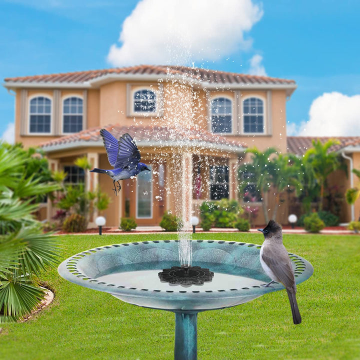 "Solarbetriebene Wasserfontäne im Blumen-Design, elegant im Garten oder Teich eingebettet, sprudelnder Wassereffekt"