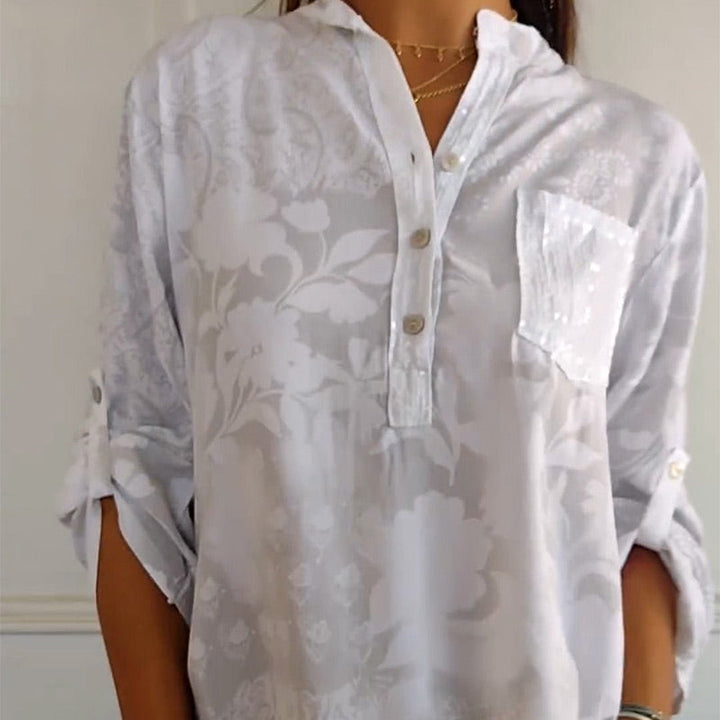 Damen Elegante Floré-Bluse mit Druck und Vordertasche