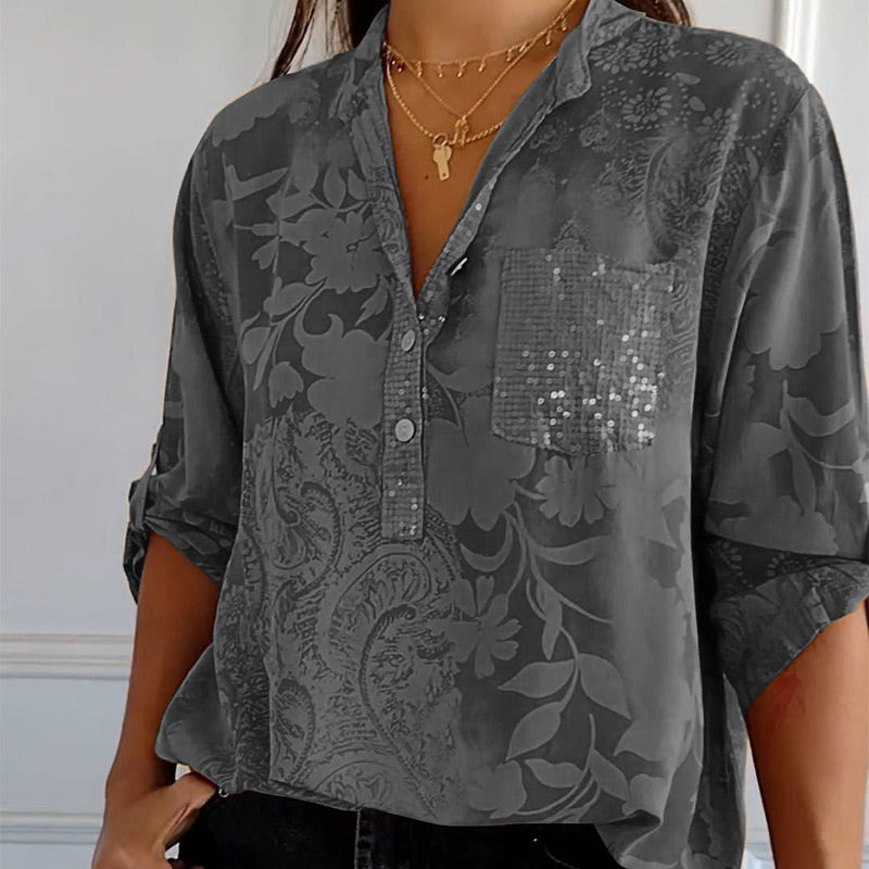 Damen Elegante Floré-Bluse mit Druck und Vordertasche