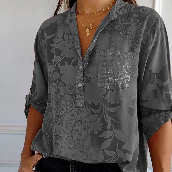 Damen Elegante Floré-Bluse mit Druck und Vordertasche
