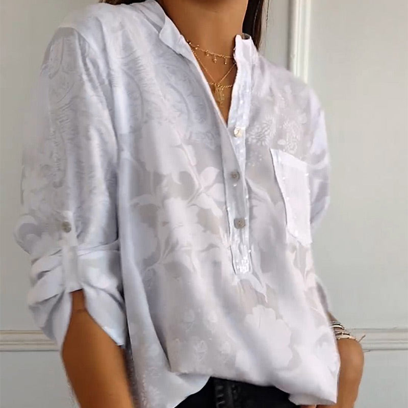Damen Elegante Floré-Bluse mit Druck und Vordertasche