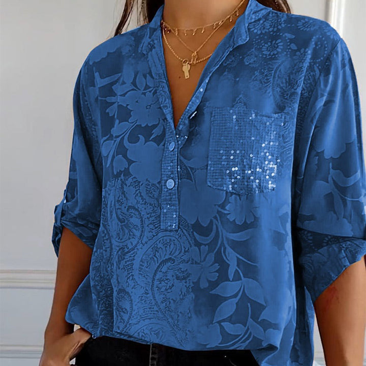 Damen Elegante Floré-Bluse mit Druck und Vordertasche