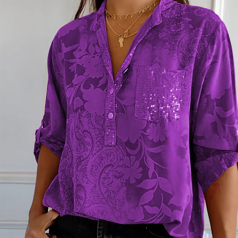 Damen Elegante Floré-Bluse mit Druck und Vordertasche