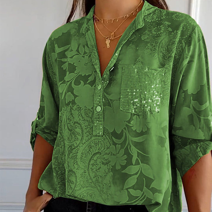 Damen Elegante Floré-Bluse mit Druck und Vordertasche