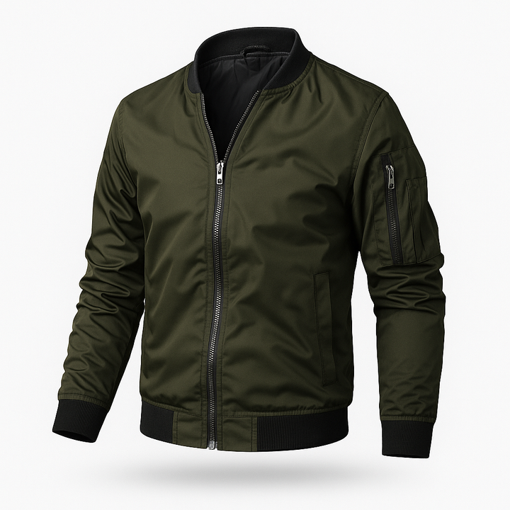 "Stilvolle blaue Bomberjacke für Herren, leicht und ideal für den Übergang, klassische Frontansicht mit Reißverschluss."