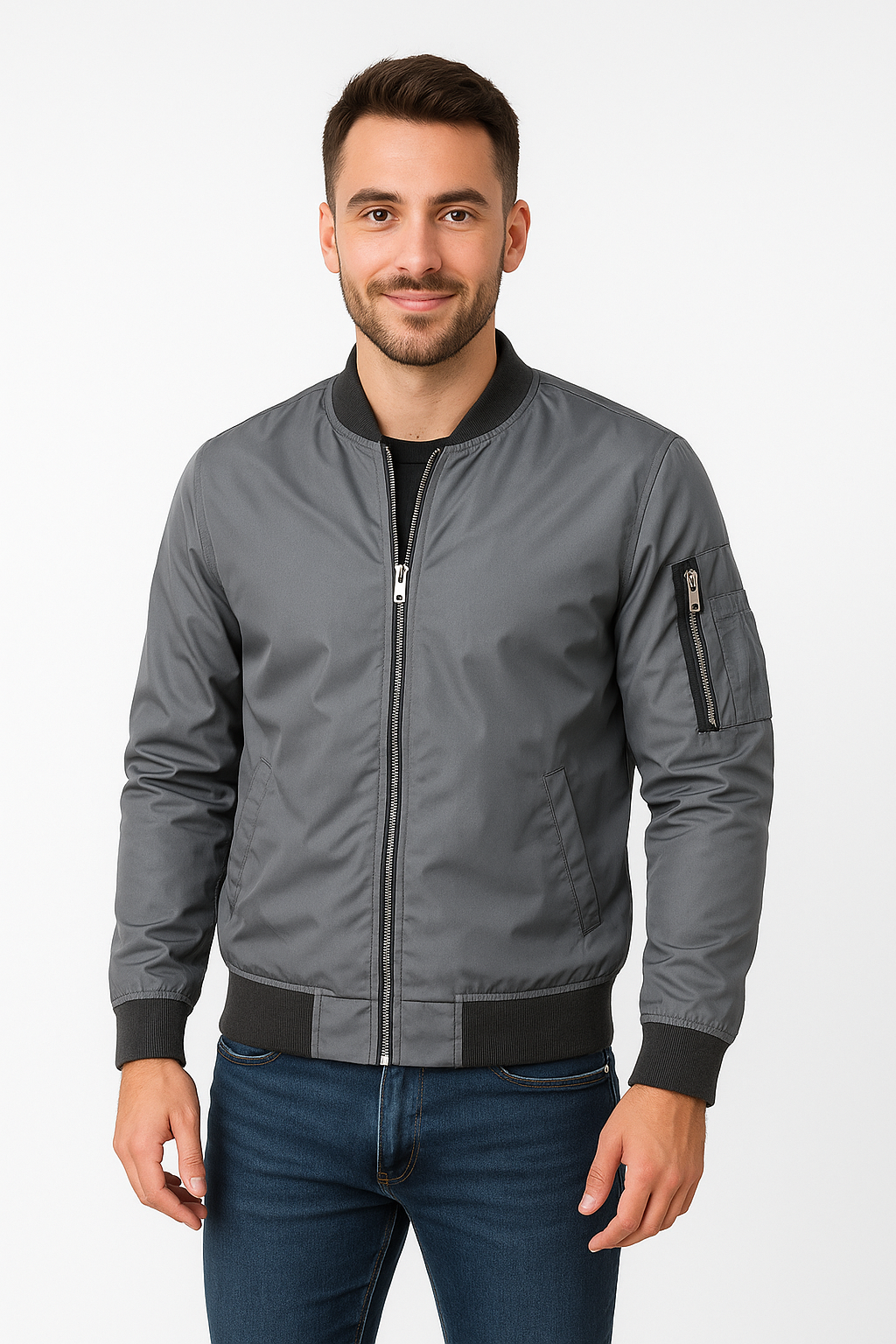 "Stilvolle blaue Bomberjacke für Herren, leicht und ideal für den Übergang, klassische Frontansicht mit Reißverschluss."