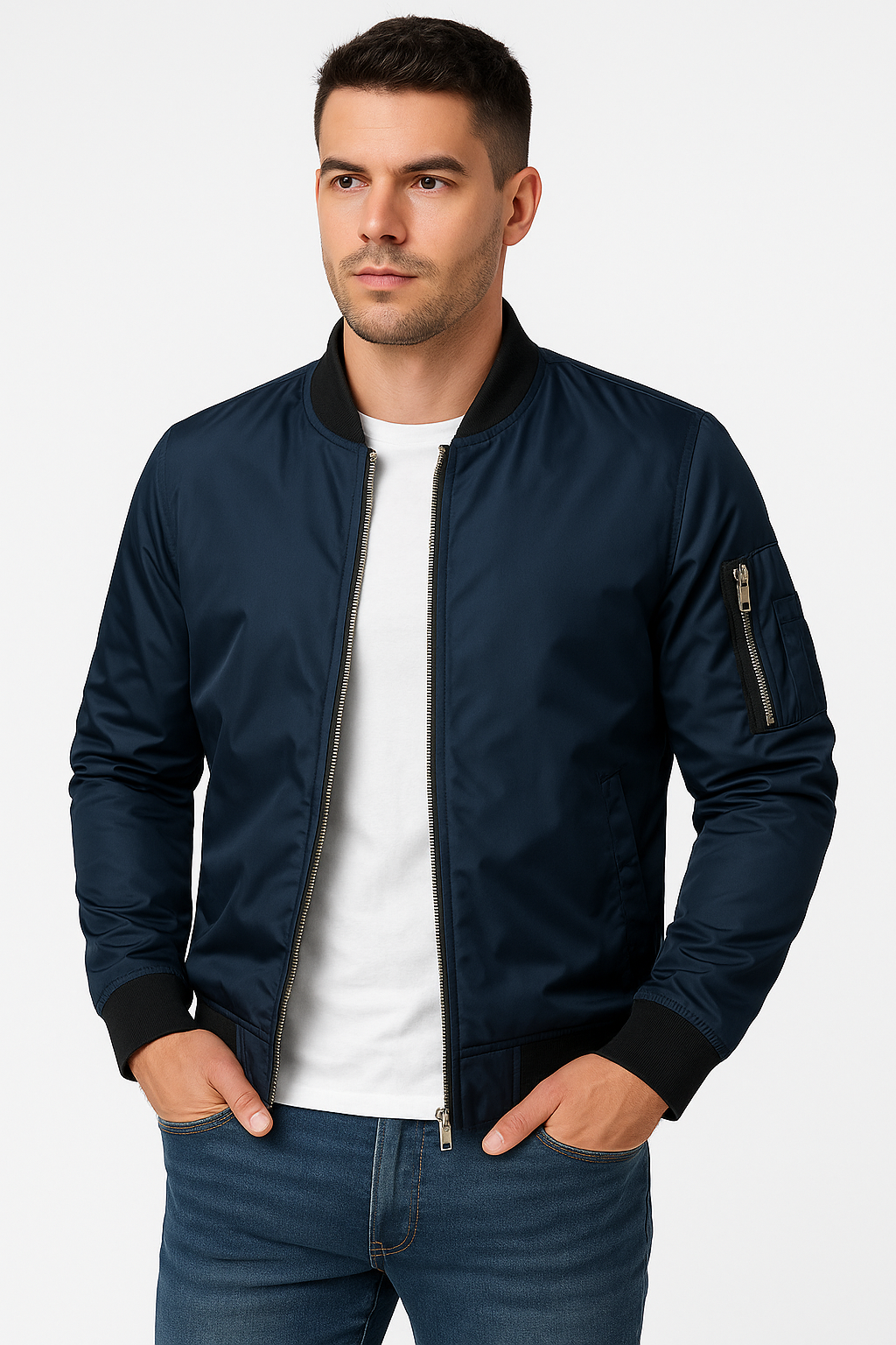 "Stilvolle blaue Bomberjacke für Herren, leicht und ideal für den Übergang, klassische Frontansicht mit Reißverschluss."
