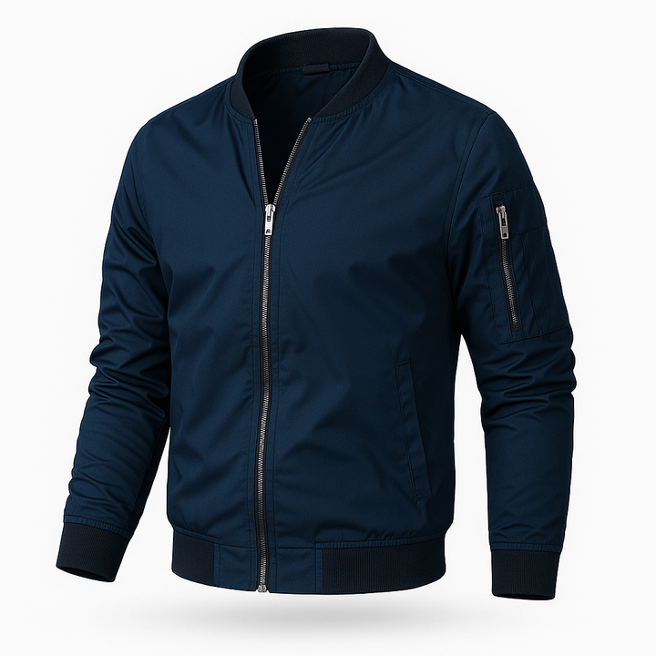 "Stilvolle blaue Bomberjacke für Herren, leicht und ideal für den Übergang, klassische Frontansicht mit Reißverschluss."