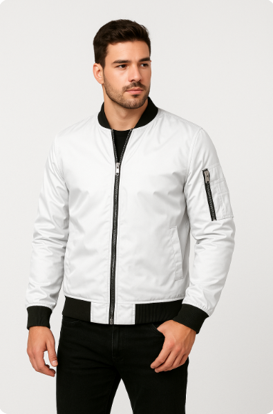 "Stilvolle blaue Bomberjacke für Herren, leicht und ideal für den Übergang, klassische Frontansicht mit Reißverschluss."