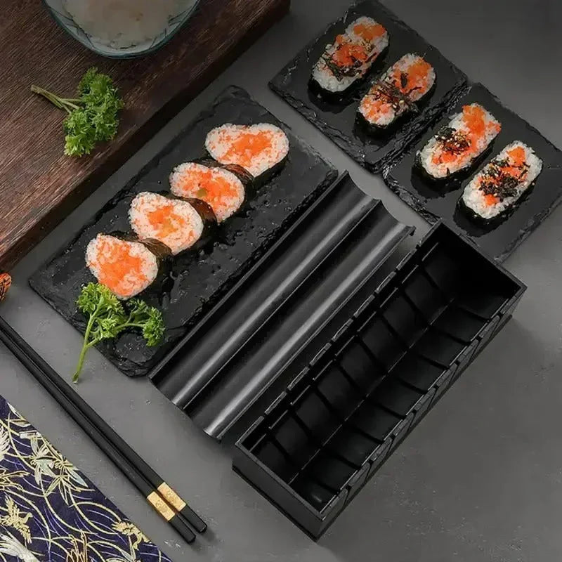 "Sushi Rollen Set mit Schablonen, Matten und Schneidehilfen für einfache und präzise Sushi-Zubereitung zu Hause."