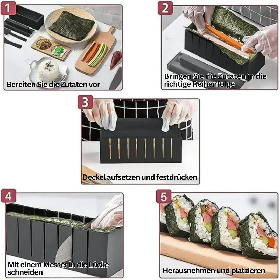 "Sushi Rollen Set mit Schablonen, Matten und Schneidehilfen für einfache und präzise Sushi-Zubereitung zu Hause."