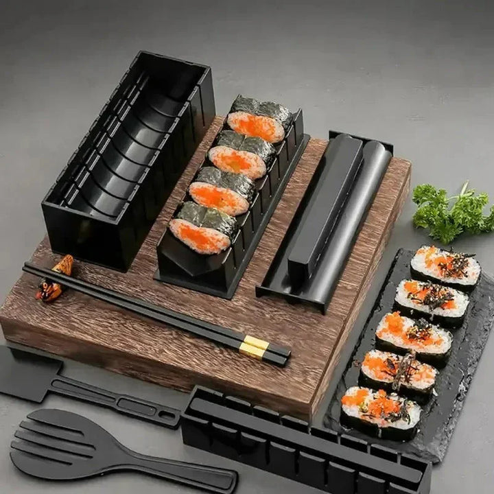 "Sushi Rollen Set mit Schablonen, Matten und Schneidehilfen für einfache und präzise Sushi-Zubereitung zu Hause."