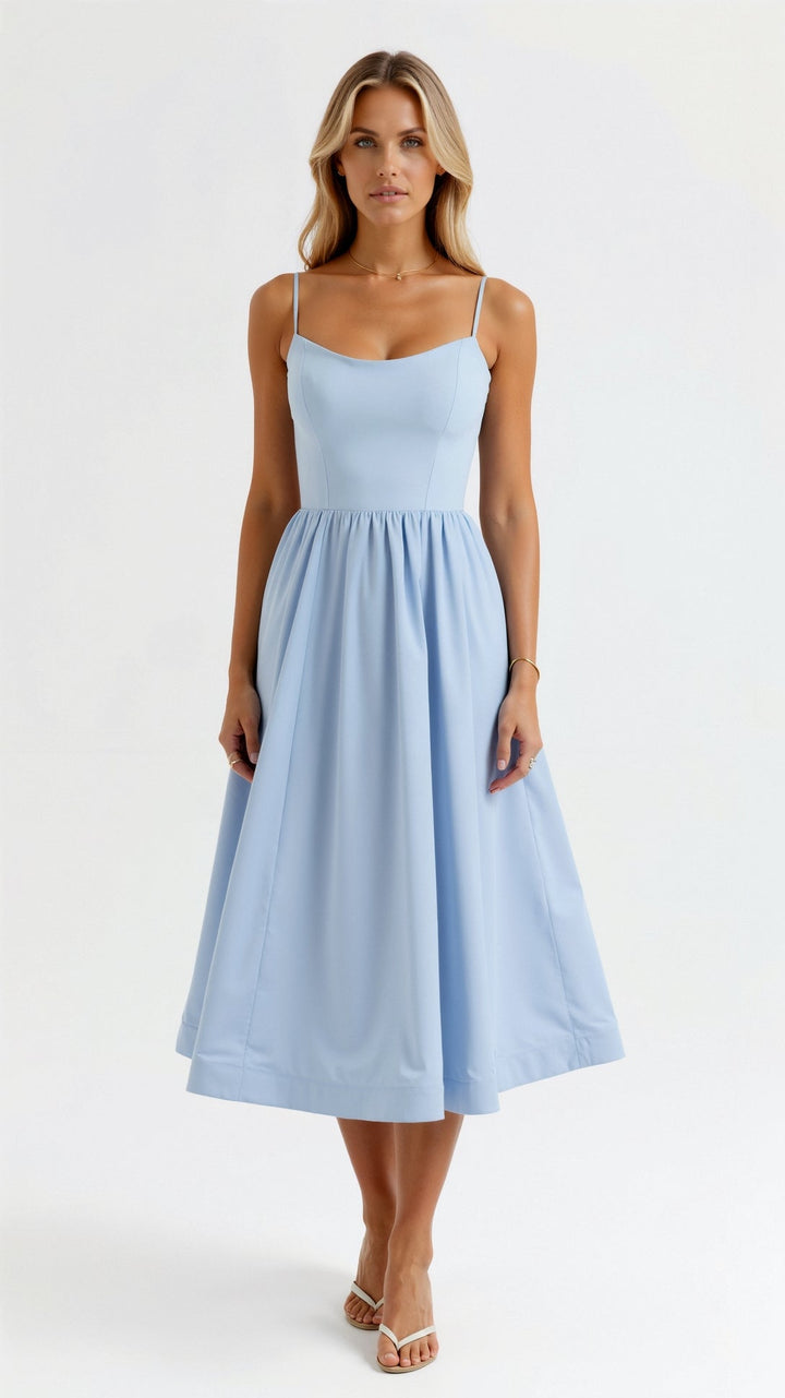 "Tamera Fließendes Midikleid, elegantes Design, hellblau, Midi-Länge, leichter Stoff, feminin und stilvoll."