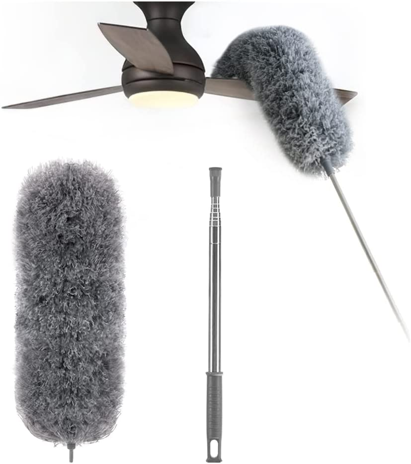 Teleskop-Staubwedel ausziehbar, grauer Mikrofaser-Kopf, biegsam für schwer erreichbare Stellen im Haushalt.