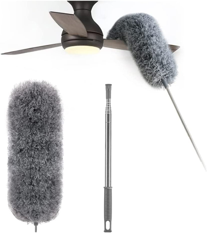 Teleskop-Staubwedel ausziehbar, grauer Mikrofaser-Kopf, biegsam für schwer erreichbare Stellen im Haushalt.