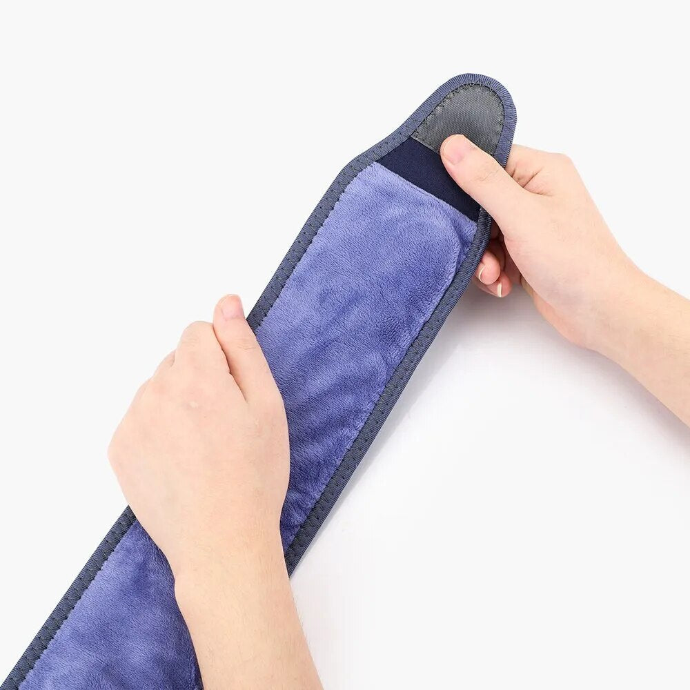 "Thermorelief Heizkissen für den Rücken, verstellbare Temperatur, ergonomisches Design, blau-graue Oberfläche."