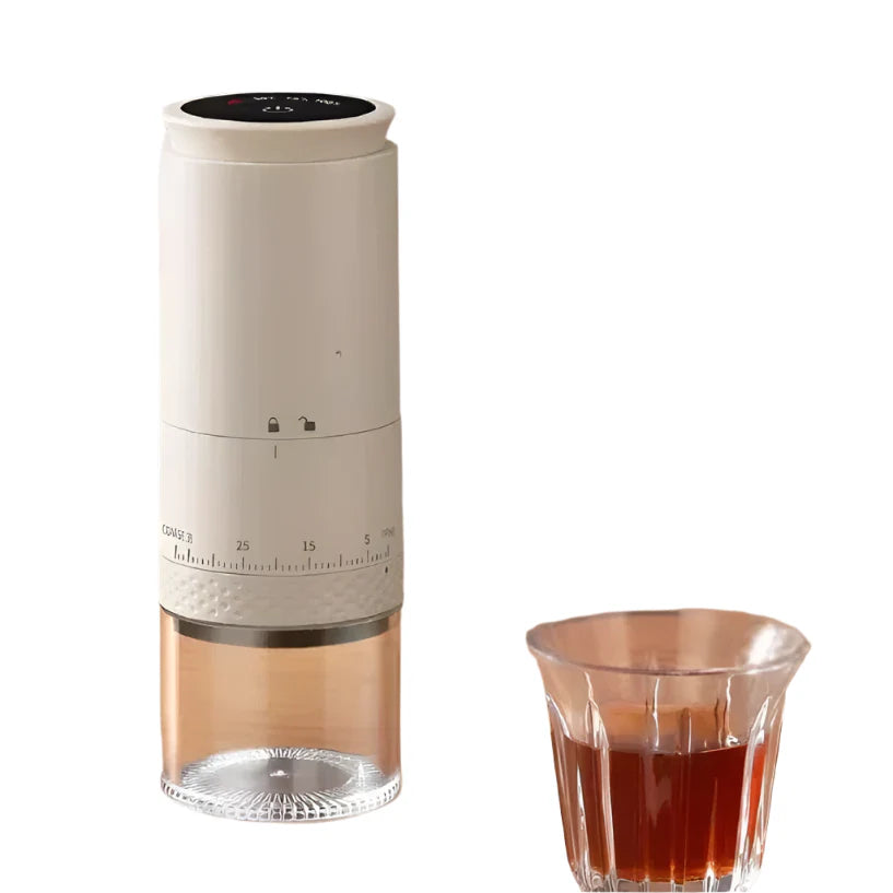 Tragbare elektrische Kaffeemühle mit einstellbarem Mahlgrad, Edelstahl-Mahlwerk, kompakt und kabellos für frischen Kaffee.