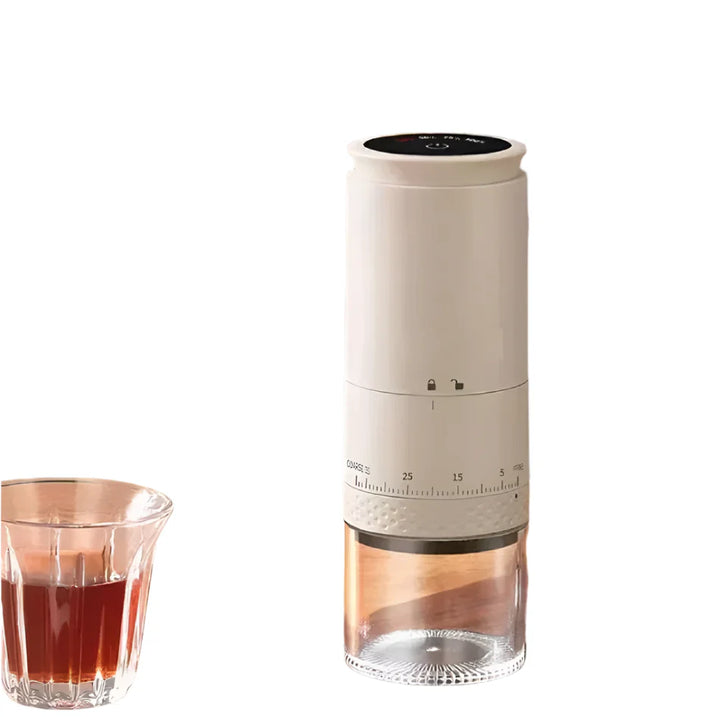 Tragbare elektrische Kaffeemühle mit einstellbarem Mahlgrad, Edelstahl-Mahlwerk, kompakt und kabellos für frischen Kaffee.