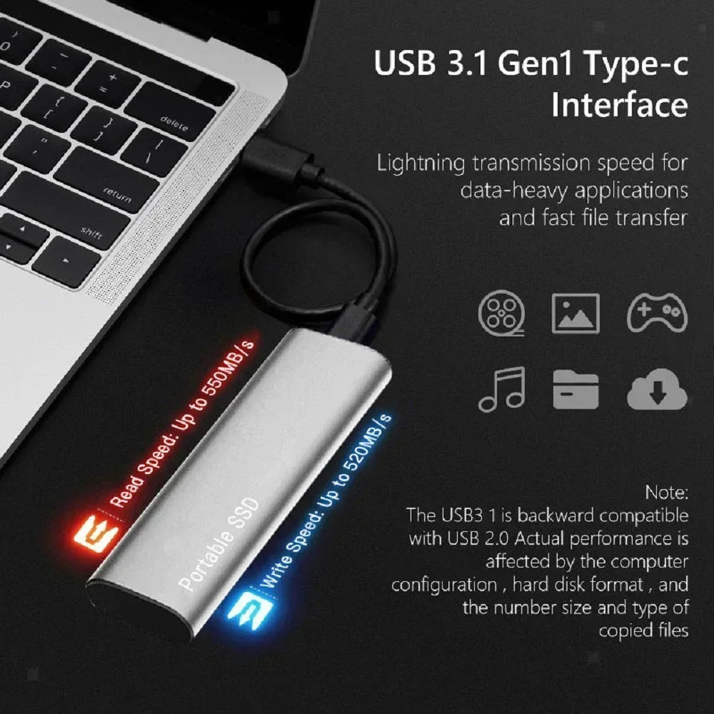"Tragbare SSD 1TB-60TB, kompakt u. schnell, mit USB-Kabel, in Schwarz, aus Aluminium, ideal für Datenübertragung"