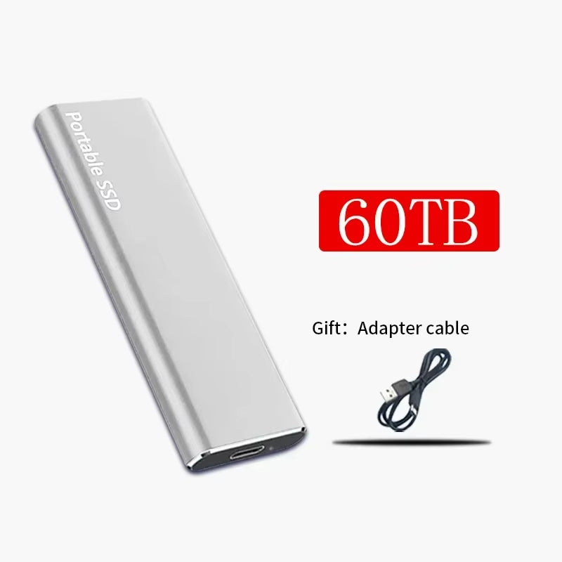 "Tragbare SSD 1TB-60TB, kompakt u. schnell, mit USB-Kabel, in Schwarz, aus Aluminium, ideal für Datenübertragung"
