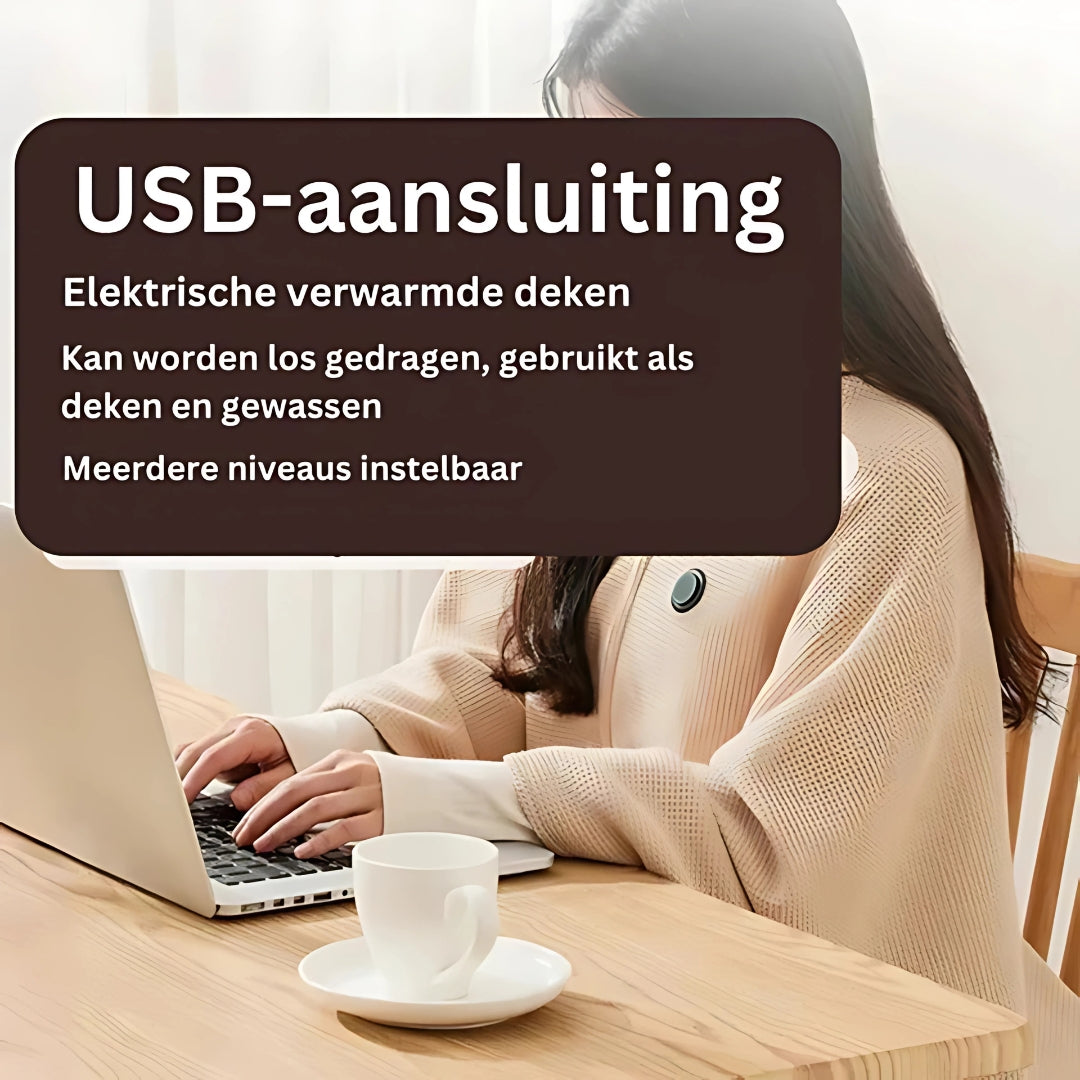 "Tragbare USB-Heizdecke aus weichem Fleece, vielseitig als Schal oder Überwurf nutzbar, ideal für Reisen und Zuhause."