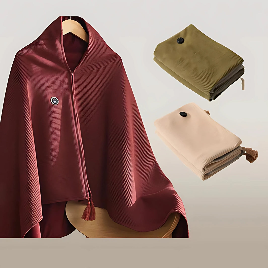 "Tragbare USB-Heizdecke aus weichem Fleece, vielseitig als Schal oder Überwurf nutzbar, ideal für Reisen und Zuhause."