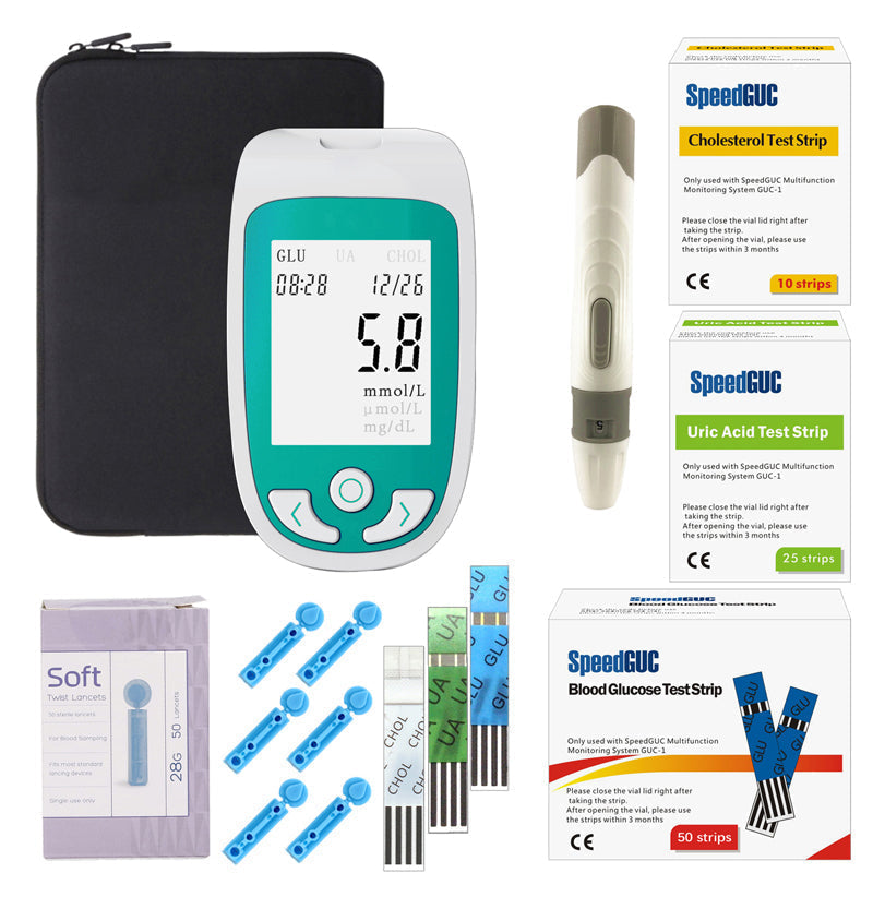Tragbarer 3-in-1 Gesundheitsmonitor mit großem Display, zur Messung von Cholesterin, Glukose und Harnsäure, ideal für zuhause