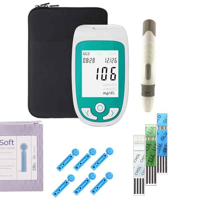 Tragbarer 3-in-1 Gesundheitsmonitor mit großem Display, zur Messung von Cholesterin, Glukose und Harnsäure, ideal für zuhause
