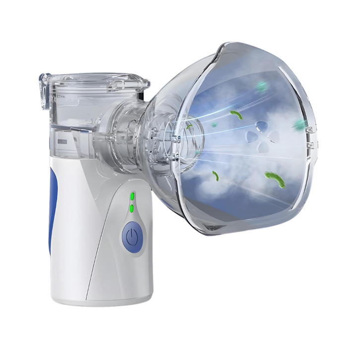 Tragbarer Ultraschall Vernebler, kompakt und innovativ, ideal für Atembeschwerden unterwegs, zeigt leichtes, modernes Design.