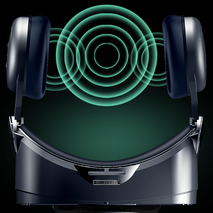 "VR Brille mit 3D-Audio, verstellbaren Gläsern und HD-Display auf weißem Hintergrund."