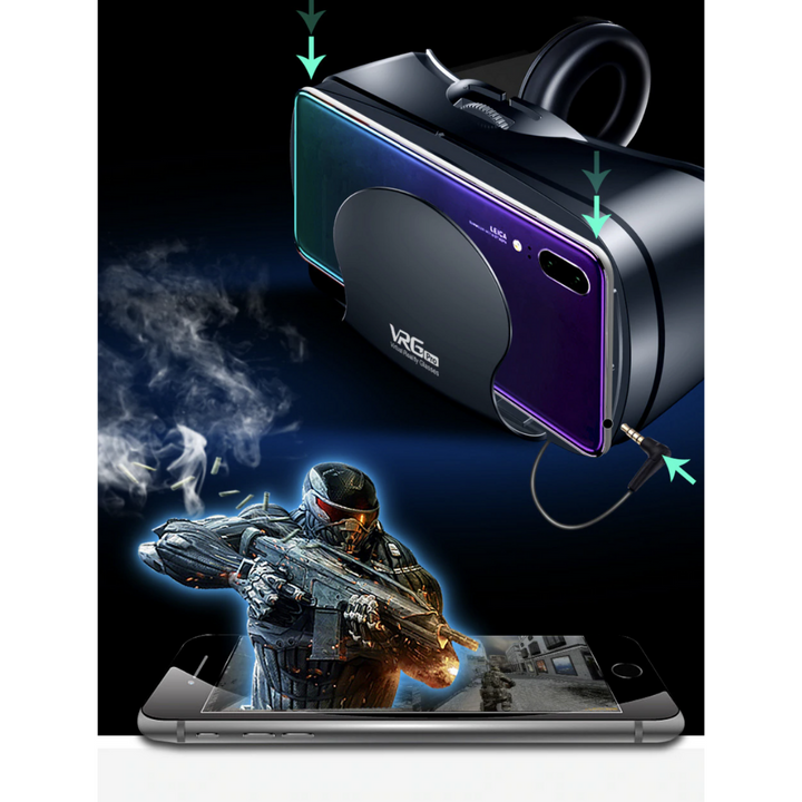 "VR Brille mit 3D-Audio, verstellbaren Gläsern und HD-Display auf weißem Hintergrund."