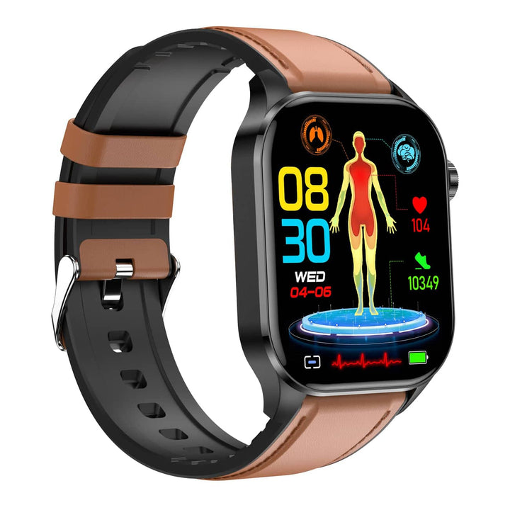 Schwarze Smartwatch mit braunem Armband, Gesundheits-Tracking, Fitness-Display, modernem Design.