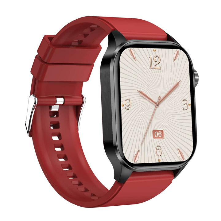 Rote Smartwatch mit schwarzem Gehäuse, quadratischem Zifferblatt und Silikonarmband.