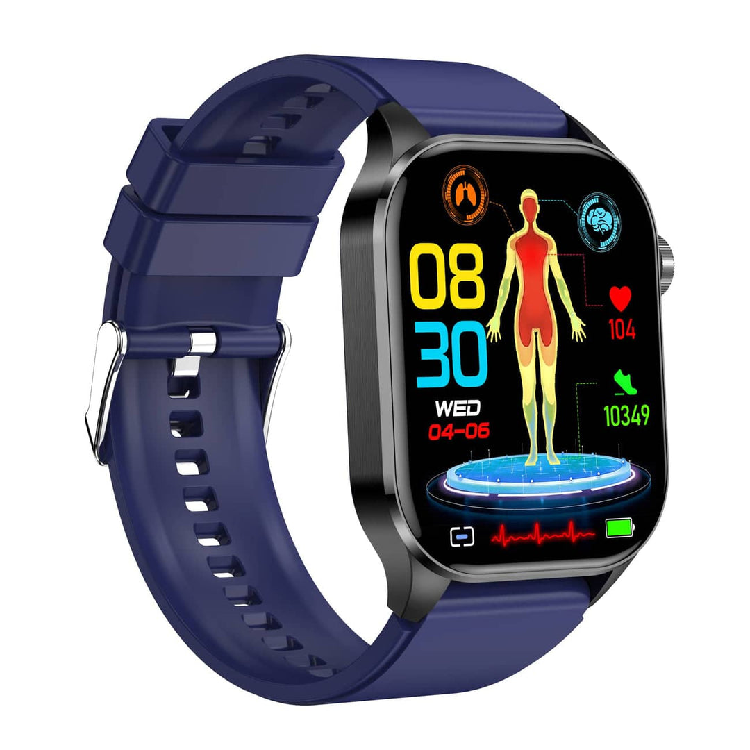 Blaue Smartwatch mit Gesundheitsanzeige, Fitness-Tracker, Herzfrequenz, Schrittzähler.