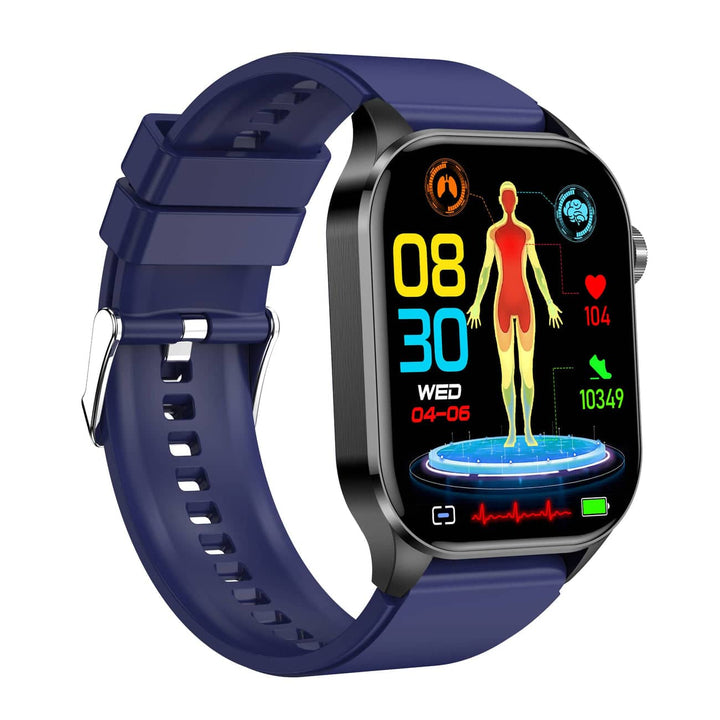 Blaue Smartwatch mit Gesundheitsanzeige, Fitness-Tracker, Herzfrequenz, Schrittzähler.
