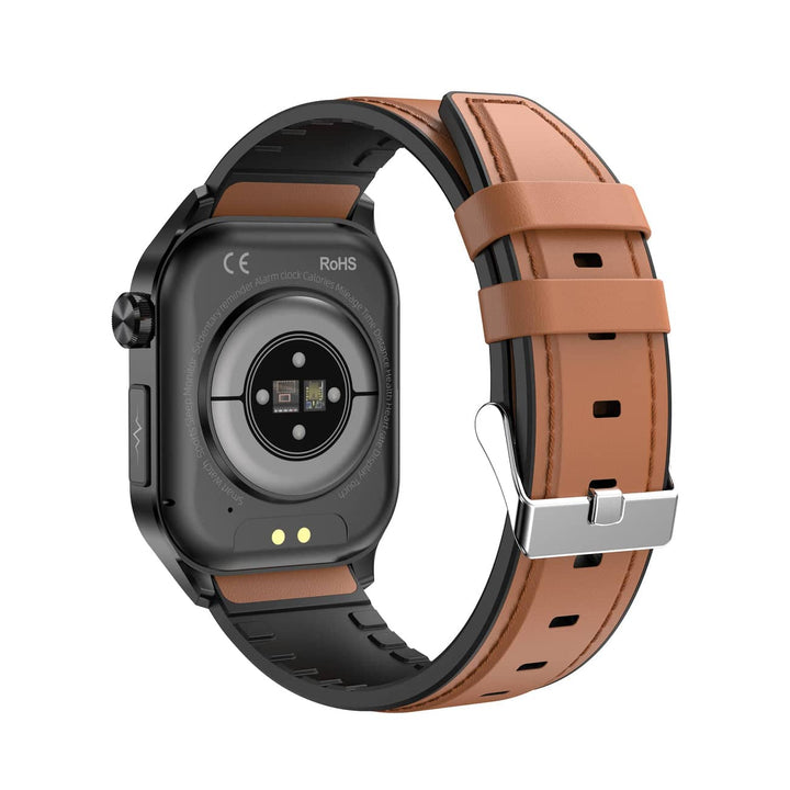Smartwatch Rückseite, schwarz, braunes Lederarmband, Fitness-Tracker, Herzfrequenzsensor