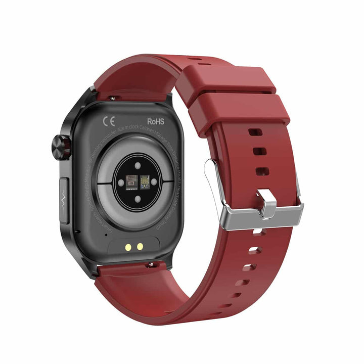 Rote Smartwatch mit schwarzem Gehäuse, Herzfrequenzsensor, Silikonarmband, Fitness-Tracker.