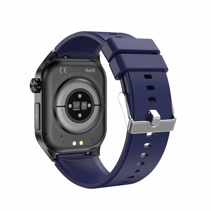 Smartwatch Rückseite, blaues Armband, Fitness-Tracker, Herzfrequenzsensor, modern, stilvoll.