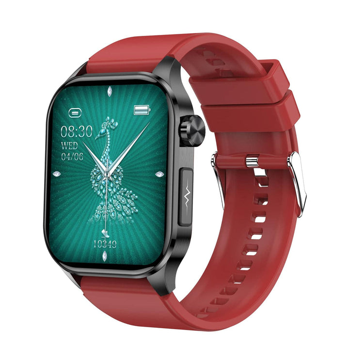 Rote Smartwatch mit grünem Zifferblatt, Edelstahlgehäuse, Silikonarmband, Fitness-Tracker.
